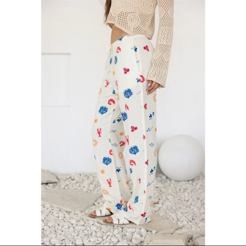 Cali 1850 Linen Pull-on Beach Seaside Print Pants Med - Picture 5 of 9